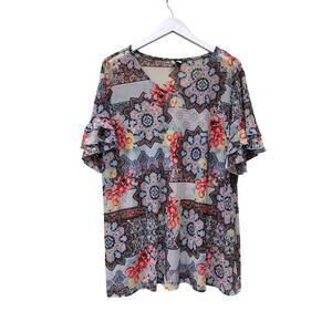 Size 18 W Plus Mesh Cato Boho Floral Colorful Unique Stretch Vacation Top Shirt